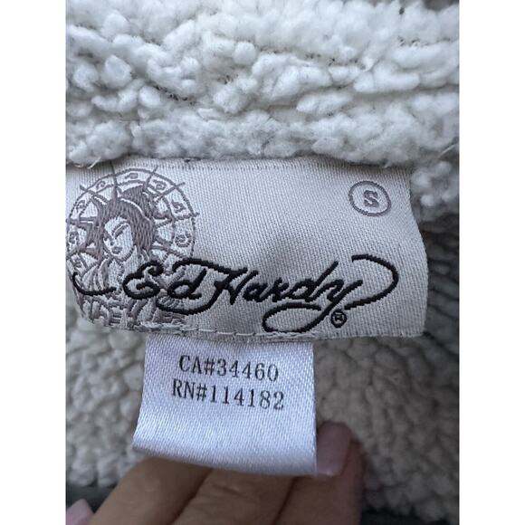 Y2K Vintage Women’s Ed Hardy Sherpa Lined Pom Pom String Studded Hoodie Sz S - Picture 8 of 15